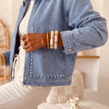 Beau Blue Studded Metal Zipper Rivet Pockets Long Sleeve Denim Jacket - Damesmode Afbeelding 3 - Foto 3