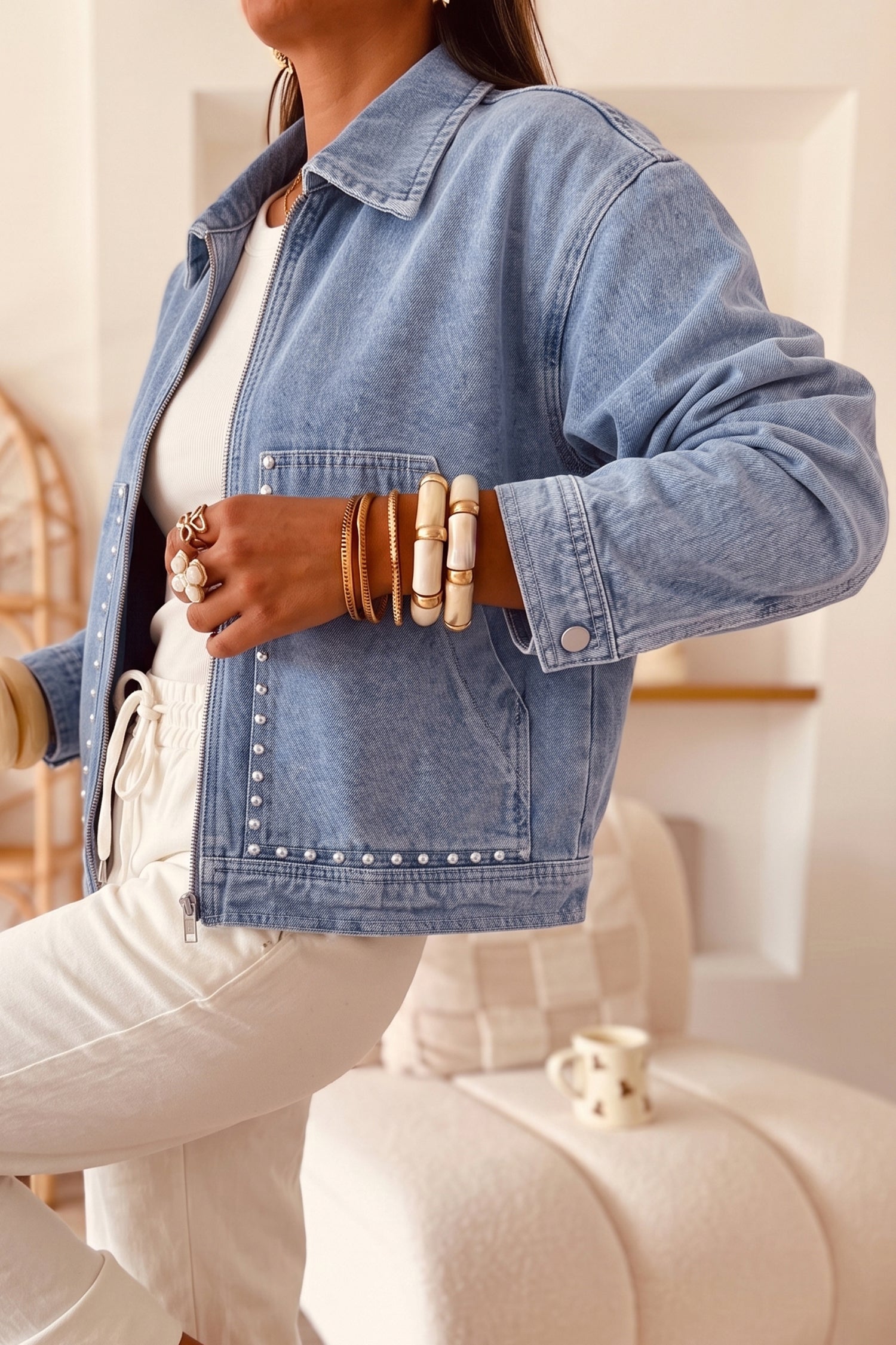 Beau Blue Studded Metal Zipper Rivet Pockets Long Sleeve Denim Jacket - Damesmode Afbeelding 3