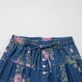 Blue Retro Floral Print Tie Elastic Waist Button Pintuck Wide Leg Jeans - Damesmode Afbeelding 5 - Foto 5