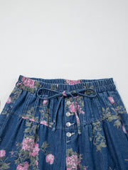 Blue Retro Floral Print Tie Elastic Waist Button Pintuck Wide Leg Jeans - Women's Fashion Image 5 - Miniatuur