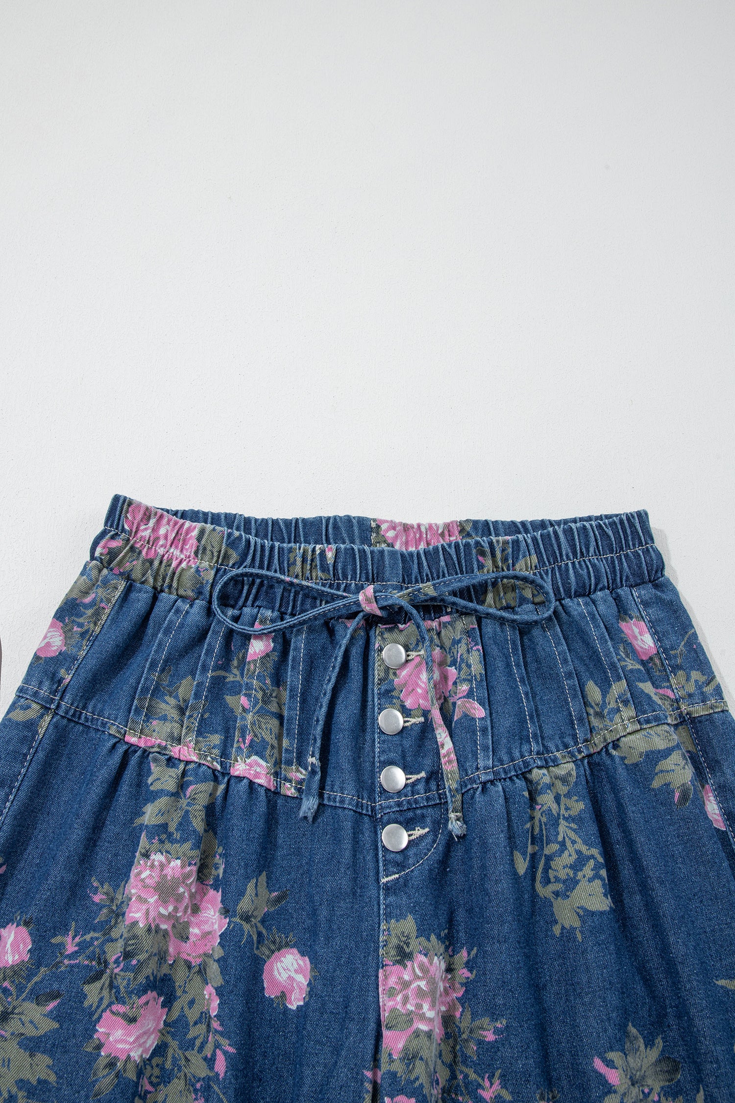 Blue Retro Floral Print Tie Elastic Waist Button Pintuck Wide Leg Jeans - Damesmode Afbeelding 5