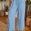 Dusk Blue Ruffled Hem Wide Leg Chambray Pants - Foto 4