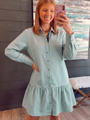 Green Stripe Striped Shift Long Sleeve Dress - Miniatuur