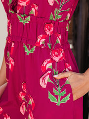 Rotes Maxikleid mit Rüschenmuster mit V-Ausschnitt und kurzärmligem Rüschen - Miniatuur