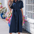 Sail Blue Full Buttons Collared Short Bubble Sleeve Long Denim Dress - Foto 3
