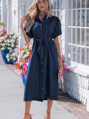Vestido vaquero largo de manga burbuja con botones largos con botones de vela azul - Miniatuur