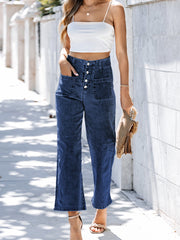 Jeans tagliati a vita alta a vita alta e gamba larga tagliati a vela blu - Miniatuur