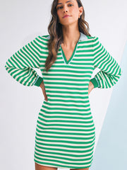 Green Striped Contrast Collar Split Neck Long Sleeve Mini Dress - Miniatuur