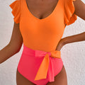 Vitality Orange Color Block Ruffled Knotted Backless One Piece Swimsuit - Foto 1