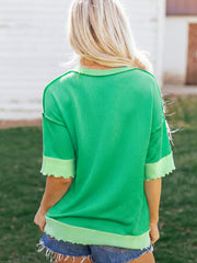 Mintgrünes lockeres, ungleichmäßiges Saum-Twist-T-Shirt mit Rippen - Miniatuur