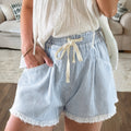 Black Stripe Raw Edge Drawstring Elastic Waist Casual Denim Shorts - Damesmode Afbeelding 6 - Foto 6