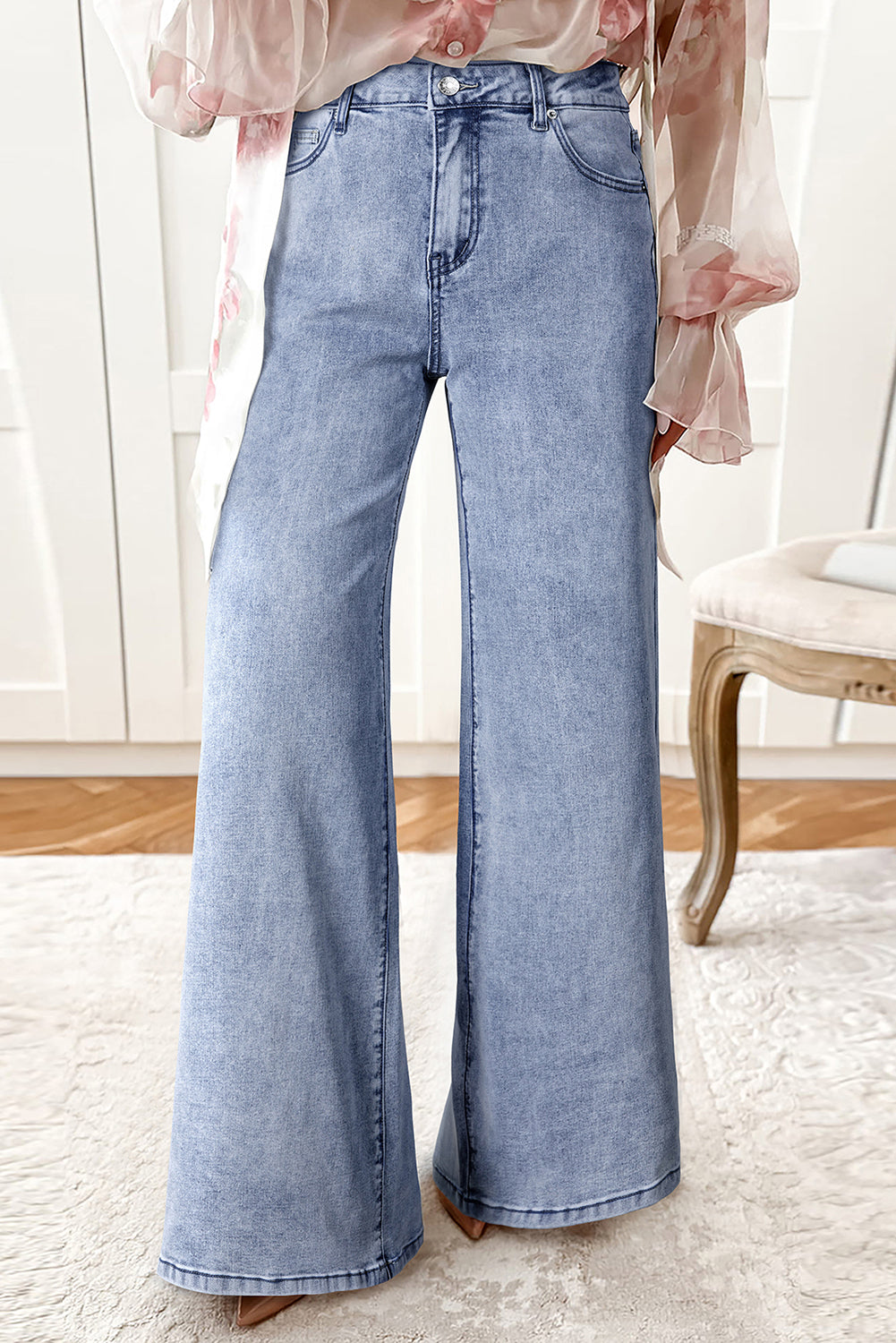 Beau Blue High Waist Button Zip Fly Bell Bottom Jeans - Damesmode Afbeelding 1