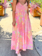 Pink Spaghetti Straps Floral Shirred High Waist Dress - Miniatuur