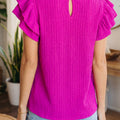 Rose Red Solid Color Textured Ruffle Trim Short Sleeve Blouse - Foto 2