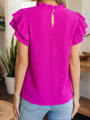 Rose Red Solid Color Textured Ruffle Trim Short Sleeve Blouse - Miniatuur