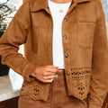 Thai Curry Solid Color Faux Suede Hollowed Detail Retro Style Jacket - Foto 6