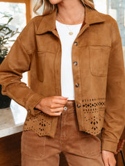 Thai Curry Solid Color Faux Suede Hollowed Detail Retro Style Jacket - Miniatuur