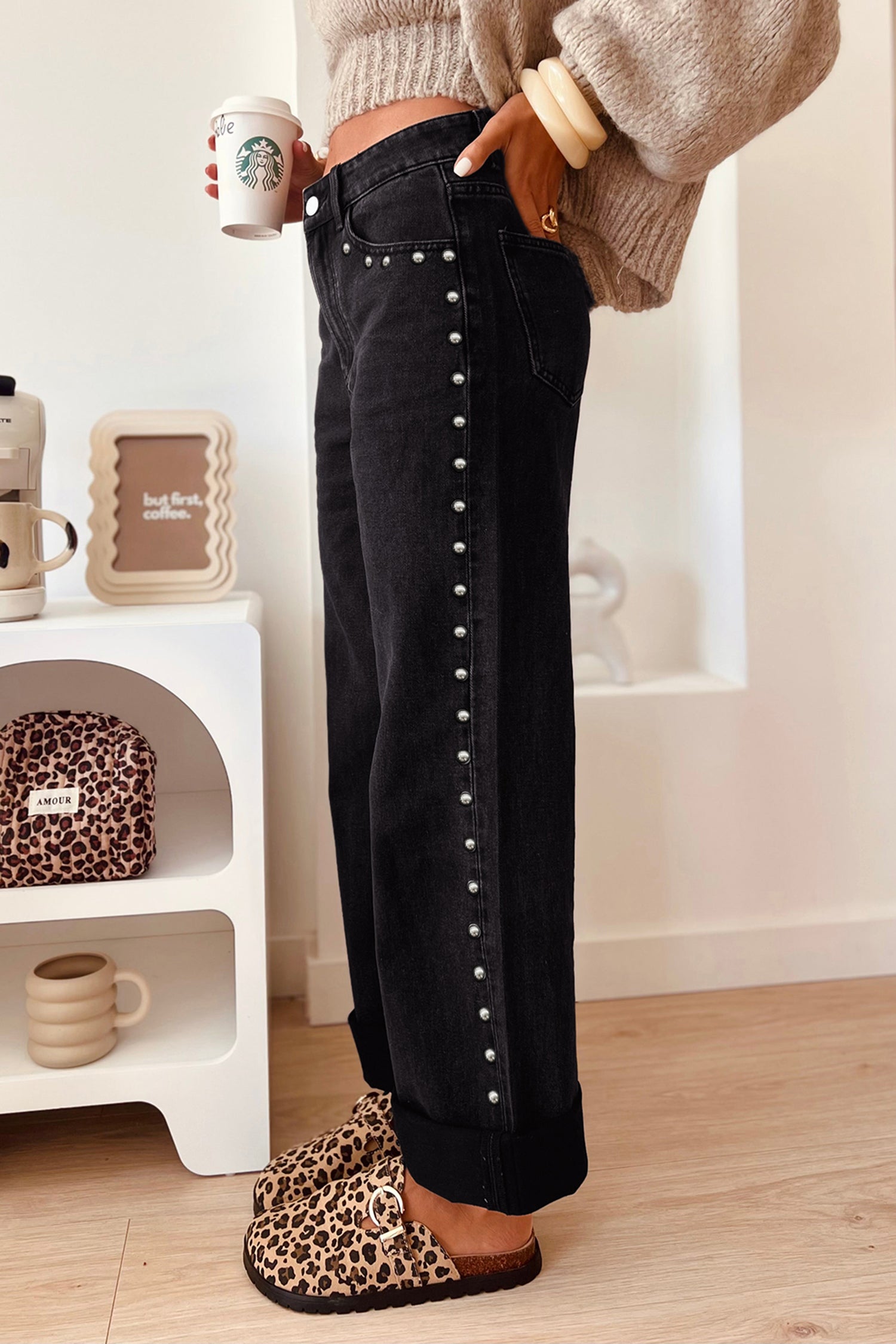 Black Studded Detail Straight Leg Casual Loose Jeans - Women's Fashion Image 2