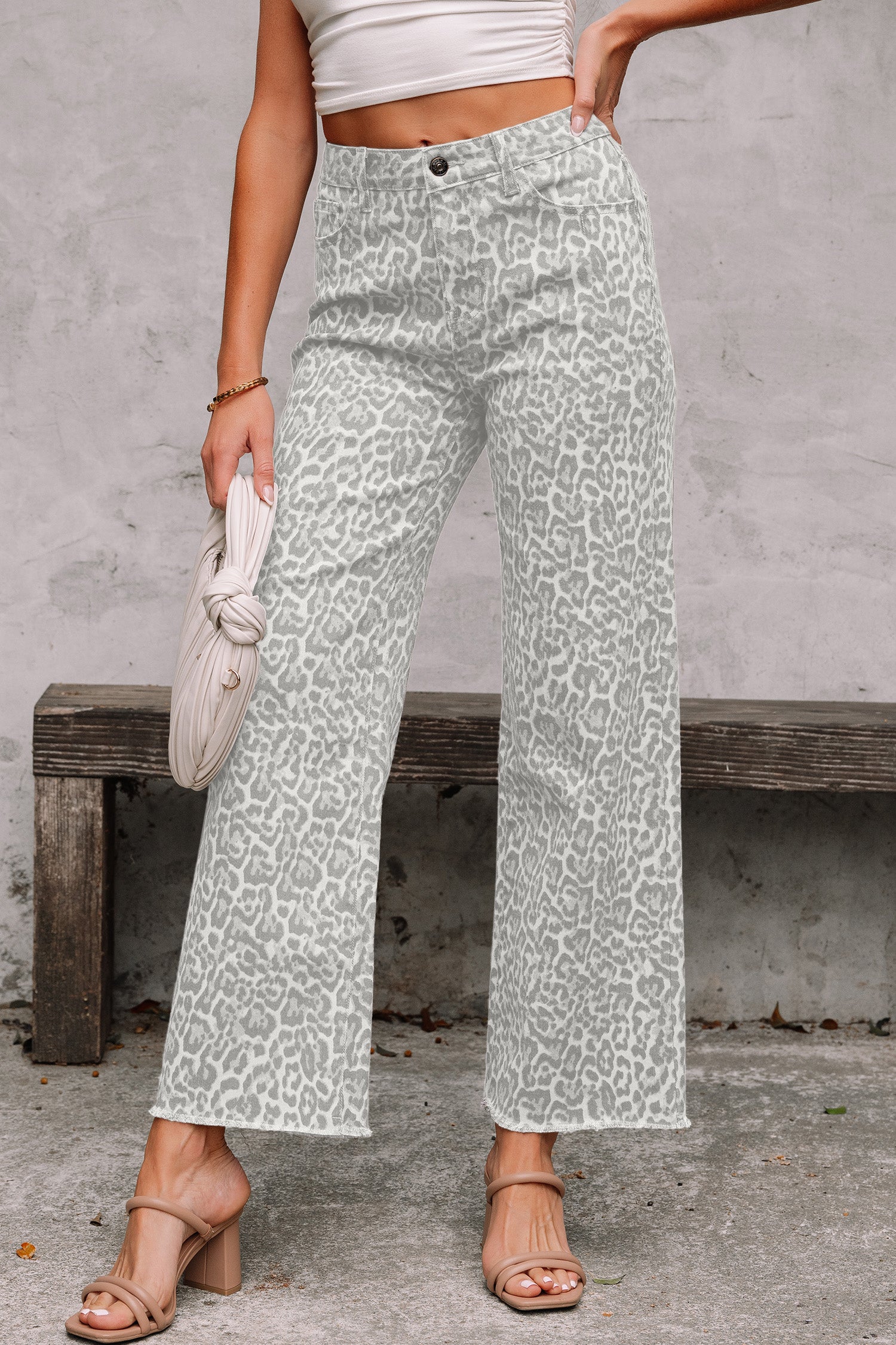 Brown Leopard Frayed Edge Wide Leg High Waist Jeans - Damesmode Afbeelding 7
