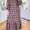 Brown Floral Print Button Front Ruffle Hem Midi Dress - Damesmode Afbeelding 2 - Foto 2