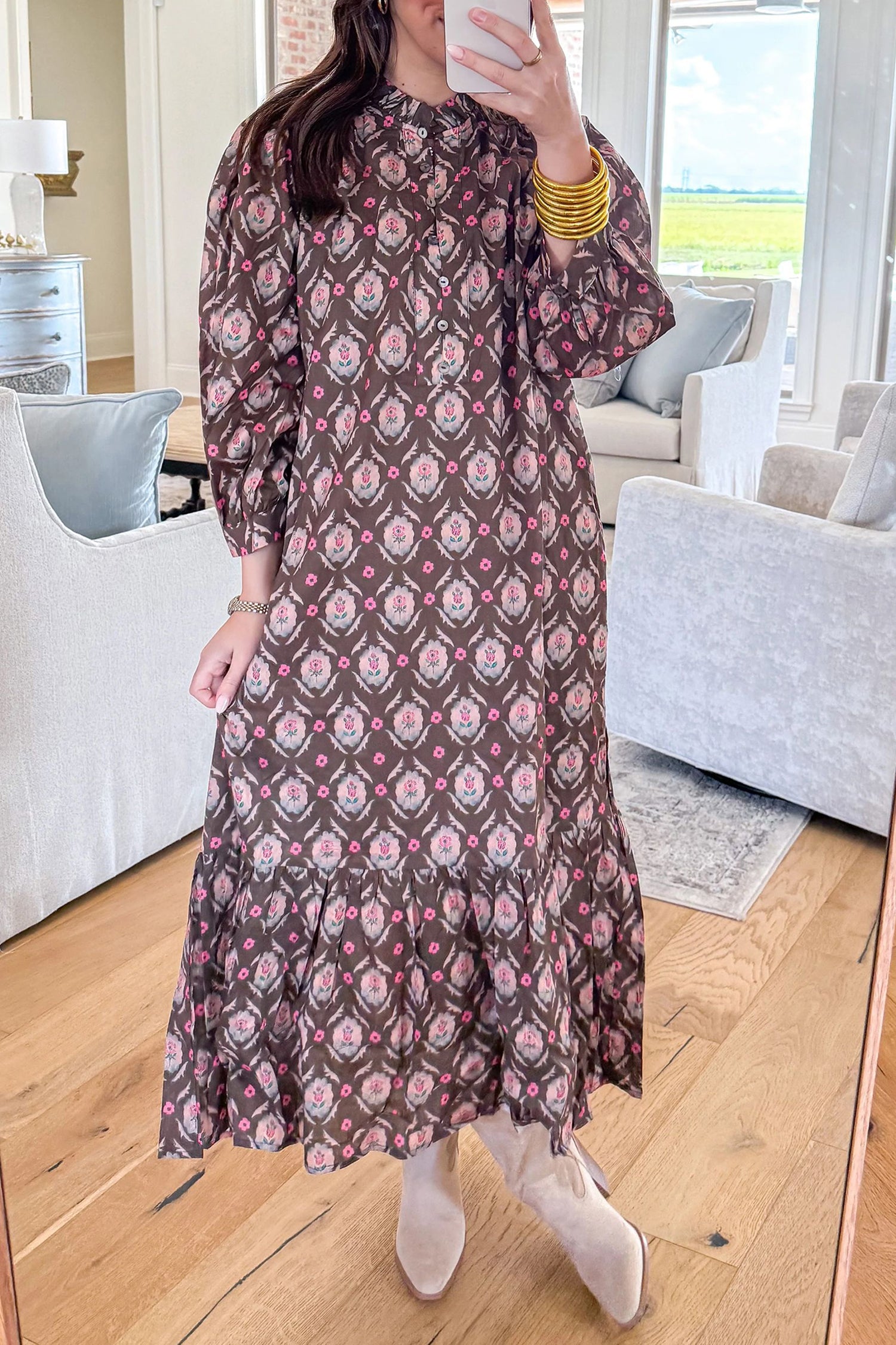 Brown Floral Print Button Front Ruffle Hem Midi Dress - Damesmode Afbeelding 2