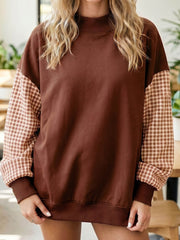 Russet Orange Plaid Sleeve Colorblock Loose Tunic Sweatshirt - Miniatuur