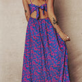 Blue Floral Print Twisted V Neck Tied Backless Maxi Dress - Damesmode Afbeelding 2 - Foto 2