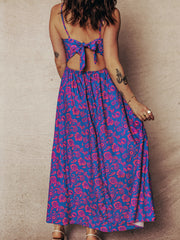 Robe longue longue à motif floral bleu torsadé en V et dos nus - Damesmode Afbeelding 2 - Miniatuur