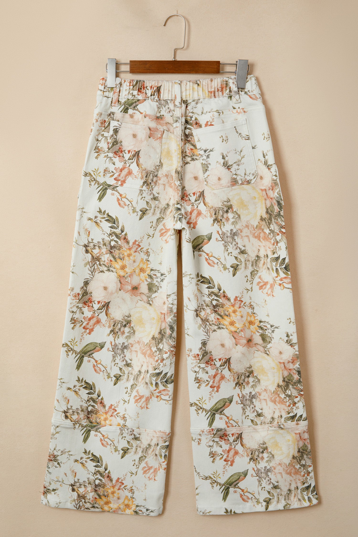 Jeans beige stile vintage a fiori a vita alta e gamba larga