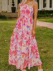 Robe Maxi à une épaule à motif fleural abstrait rose à motifs brillants - Miniatuur