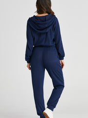 Ensemble de sweat à capuche courte en maille côtelée bleu marine et pantalons de jogging à cordon - Miniatuur
