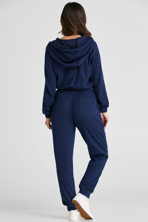 Navy Blue Ribbed Knit Cropped Hoodie and Drawstring Joggers Set - Detail