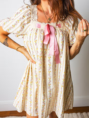 Multicolour Floral Print Contrast Ribbon Bow Lace Trim Square Neck Mini Dress - Miniatuur