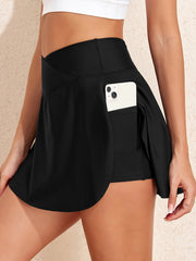 Black Solid Pocketed Crossover High Waist Swim Skort - Damesmode Afbeelding 1 - Miniatuur