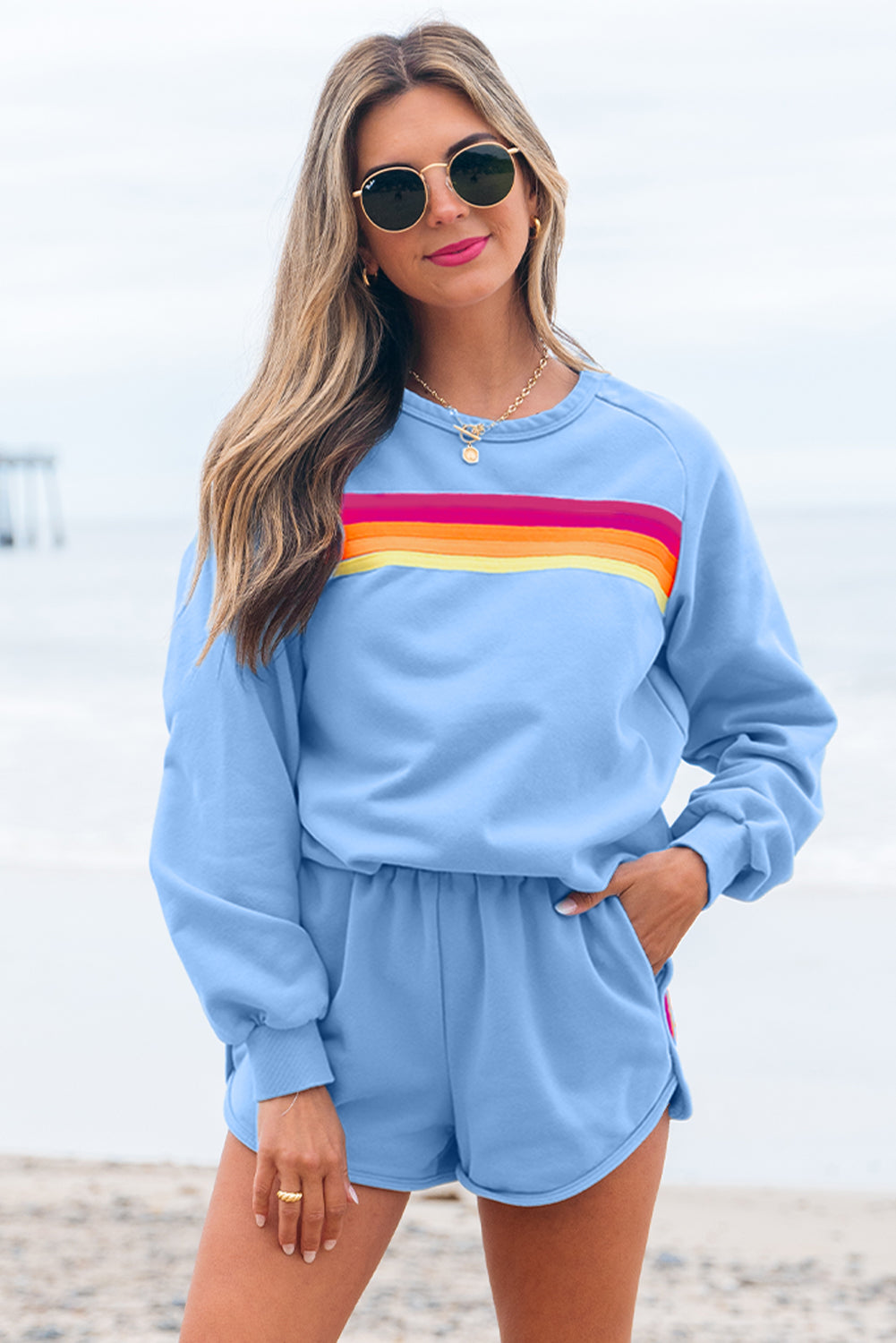 Bonbon Striped Accent Pullover and Shorts Two Piece Casual Set - Damesmode Afbeelding 10