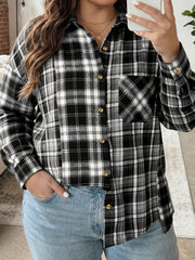 Black Plaid Long Sleeve V Neck Shift Plus Size Shirt Jacket - Damesmode Afbeelding 1 - Miniatuur