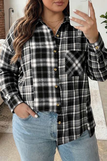 Black Plaid Long Sleeve V Neck Shift Plus Size Shirt Jacket - Damesmode Afbeelding 1