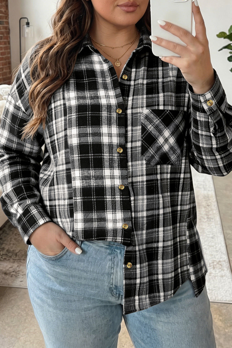 Black Plaid Long Sleeve V Neck Shift Plus Size Shirt Jacket - Damesmode Afbeelding 1 - Damesmode