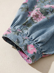 Blå skjorte med blomster i denim med ærmer - Damemode billede 6 - Miniatuur