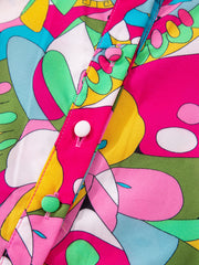 Pink Abstract Printed Lantern Sleeve Buttoned Mini Dress - Miniatuur