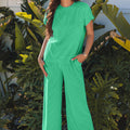 Bright Pink Solid Corded Knit Short Sleeve T Shirt and Wide Leg Pants Set - Damesmode Afbeelding 4 - Foto 4