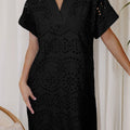 Black Solid Color Eyelet Embroidered T Shirt Mini Dress - Damesmode Afbeelding 3 - Foto 3