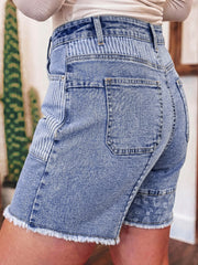 Sky Blue Striped Paisley Mixed Patchwork Raw Hem Denim Shorts - Miniatuur