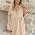 Black Corduroy Half Button Collared Long Sleeve Mini Dress - Damesmode Afbeelding 6 - Foto 6