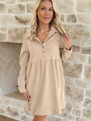 Black Corduroy Half Button Collared Long Sleeve Mini Dress - Damesmode Afbeelding 6 - Miniatuur