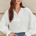 White Ruffle Elastic Cuffs Puffy Long Sleeve Button Down Shirt - Foto 4