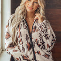 Beige Geometric Print Long Sleeve Shirt Collar Zip-up Placket Binding Tape Jacket - Damesmode Afbeelding 4 - Foto 4