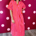 Red Stripe V Neck Cuffed Sleeve Relaxed Split Midi Dress - Foto 5