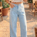 Beau Blue Studded Side Slit Leg Frayed Pocketed Wide Leg Jeans - Damesmode Afbeelding 1 - Foto 1