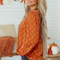 Brown Polka Dot Half Button V Neck Long Sleeve Blouse - Damesmode Afbeelding 3 - Foto 3